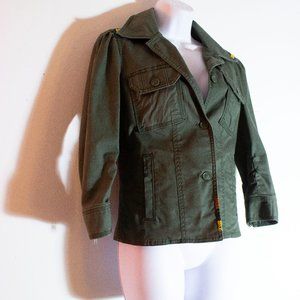 Juicy Couture Jacket military army green ruffle 3/4 sleeves peplum cotton S
